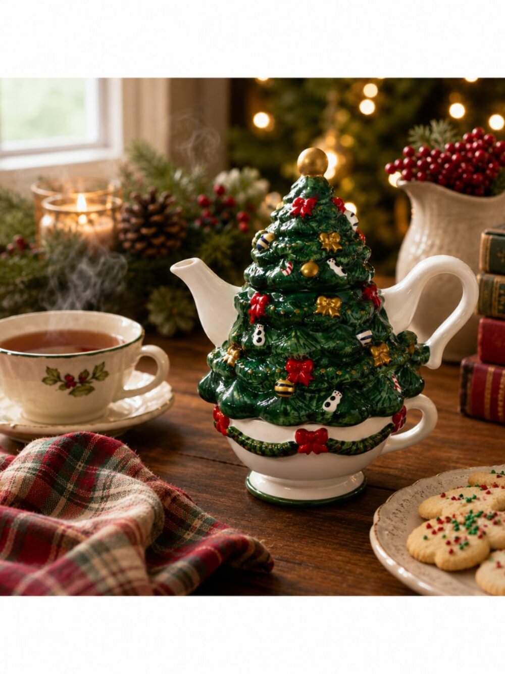 Vintage J.S.N.Y Christmas Tree Tea For One Set Hand Painted Ceramic Teapot Cup